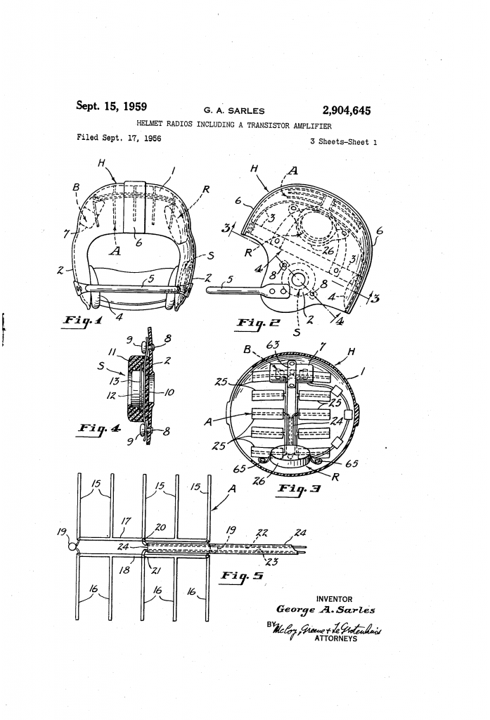 Patent drawing for football helmet radio